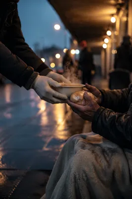 Compassionate Hands Serving Soup at Dusk