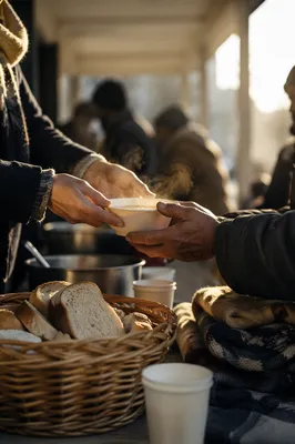 Compassionate Hands Serving Soup Outdoors