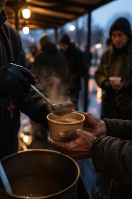 Compassionate Hands Serving Soup at Dusk
