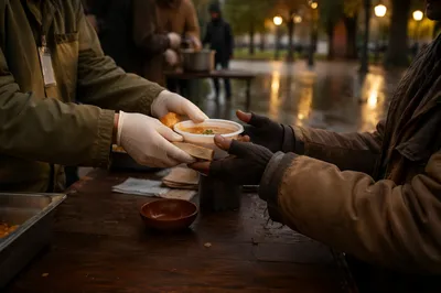 Compassionate Hands Serving Soup and Bread