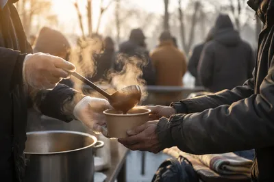 Compassionate Hands Serving Soup Outdoors