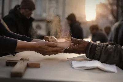 Compassionate Hands Serving Soup at Sunrise