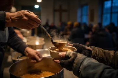 Volunteer Hands Serving Soup to the Homeless