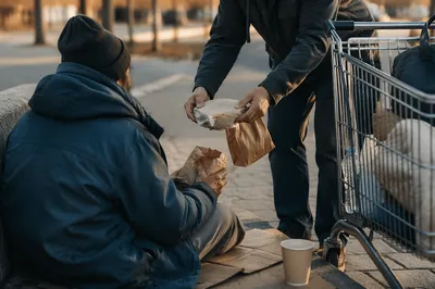Compassionate Hands Offering Food on Sidewalk