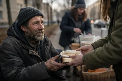 Volunteer Serving Soup on City Sidewalk