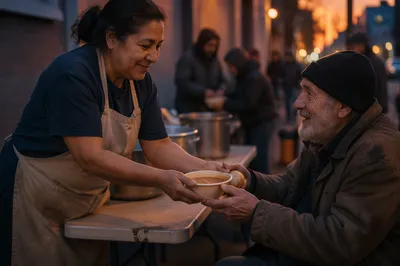 Volunteer Serving Soup to Elderly Man