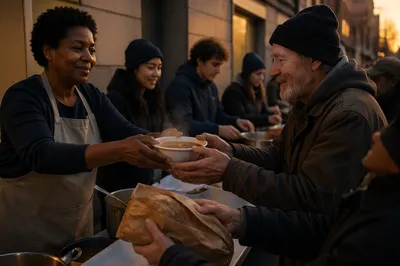 Volunteers Serving Warm Meals Outdoors