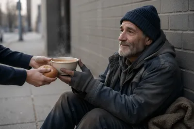 Volunteers Offering Soup to Homeless Man