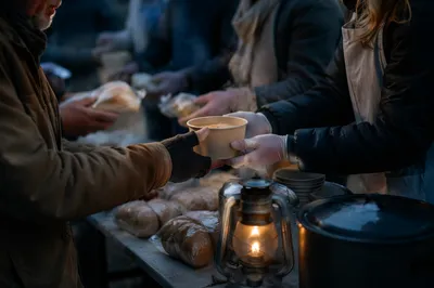 Volunteers Serving Warm Meals at Outreach Table