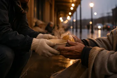 Compassionate Hands Serving Soup at Dusk