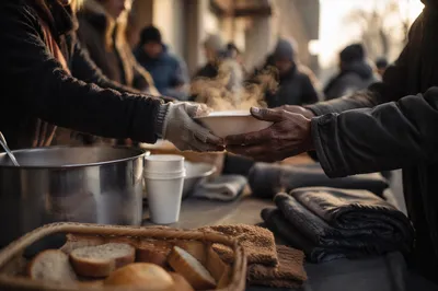 Volunteers Serving Warm Soup to Homeless Neighbors