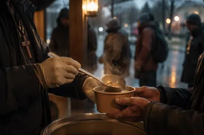 Compassionate Hands Serving Soup at Dusk