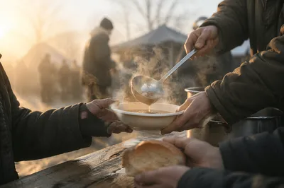 Compassionate Hands Serving Warm Meal Outdoors