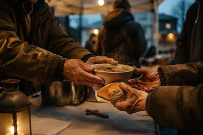 Compassionate Hands Serving Soup at Dusk