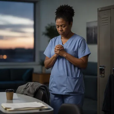 Tired Healthcare Worker Praying After Shift