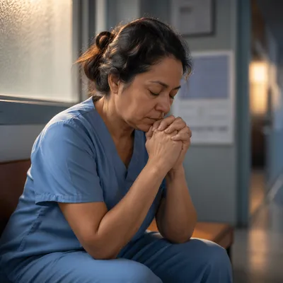 Tired Healthcare Worker Praying After Shift