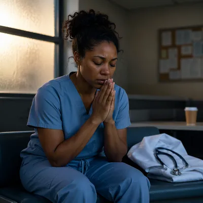 Tired Healthcare Worker Praying After Shift