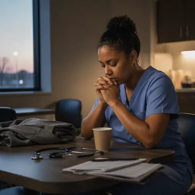 Tired Healthcare Worker Praying in Break Room