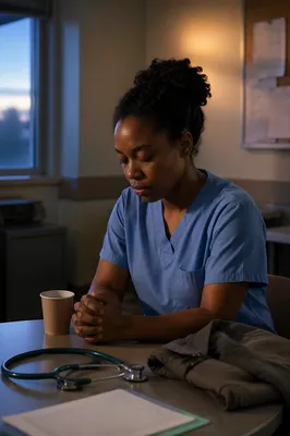 Tired Healthcare Worker Praying in Break Room