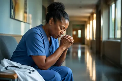 Tired Healthcare Worker Praying in Hospital Corridor