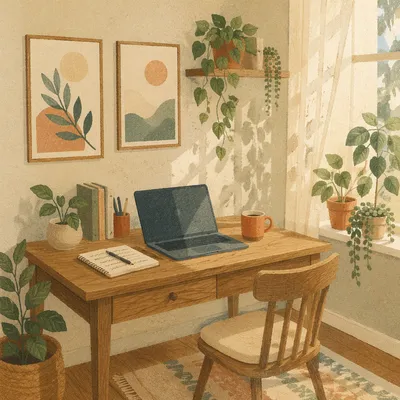 Cozy Home Office with Plants and Prints