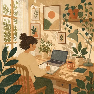 Serene Home Office with Plants and Prints