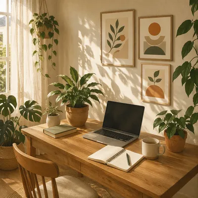 Peaceful Home Office with Plants and Prints