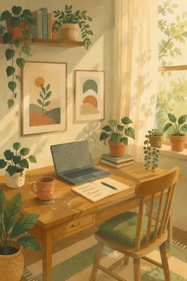 Cozy Home Office with Plants and Prints