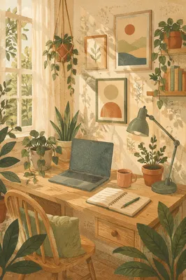 Serene Home Office with Plants and Prints