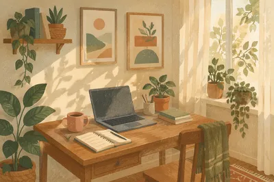 Cozy Home Office with Plants and Prints