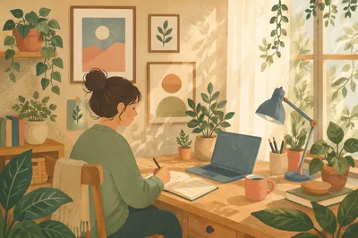 Serene Home Office with Plants and Prints