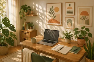 Peaceful Home Office with Plants and Prints