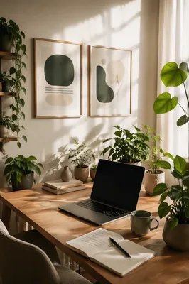 Peaceful Home Office with Plants and Prints