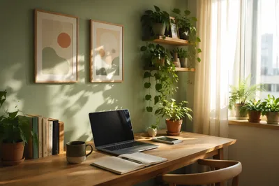 Sunlit Home Office with Plants and Prints