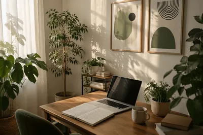 Calm Home Office with Plants and Prints
