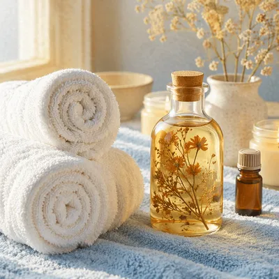 Calming Home Spa Towels and Botanical Oils