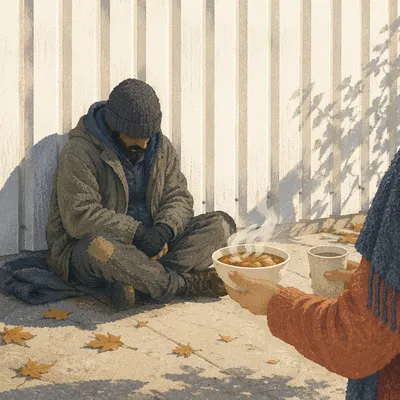 Volunteer Offering Warm Meal to Unhoused Neighbor