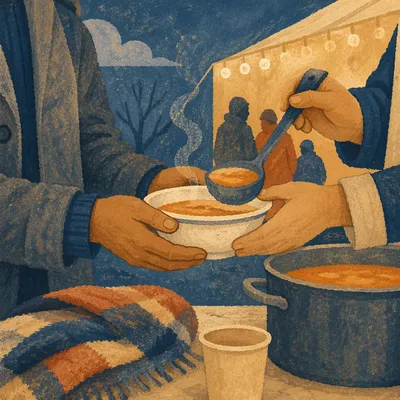 Compassionate Hands Serving Warm Soup at Dusk