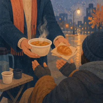Compassionate Meal Outreach on Rainy Sidewalk