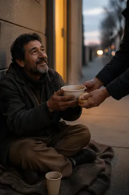 Man Receiving Warm Soup on Sidewalk
