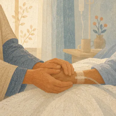 Bedside Prayer Holding Patient Hand at Dawn