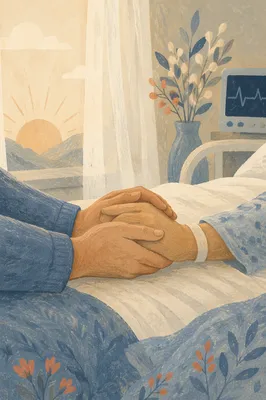 Bedside Prayer Holding Patient Hand at Dawn