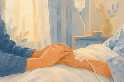 Bedside Prayer Holding Patient Hand at Dawn