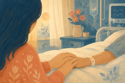 Bedside Prayer Holding Patient Hand at Dawn