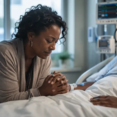 Woman Praying at Hospital Bedside Dawn