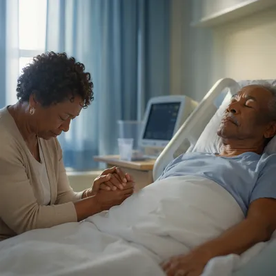 Woman Praying Beside Hospital Patient