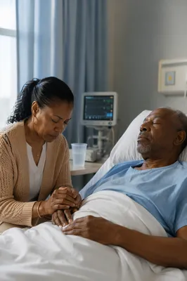 Woman Praying Beside Hospital Patient