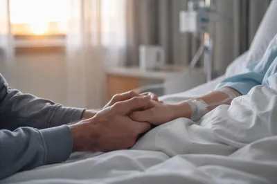 Bedside Prayer Holding Patient Hand at Dawn