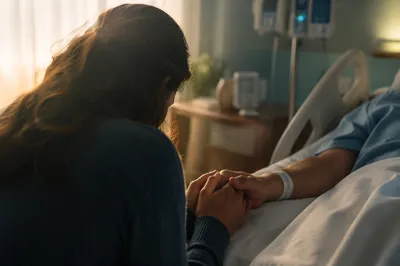 Bedside Prayer Holding Patient Hand at Dawn