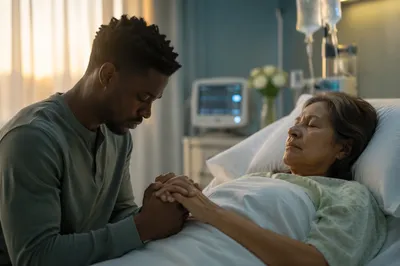 Man Praying Beside Hospital Bed